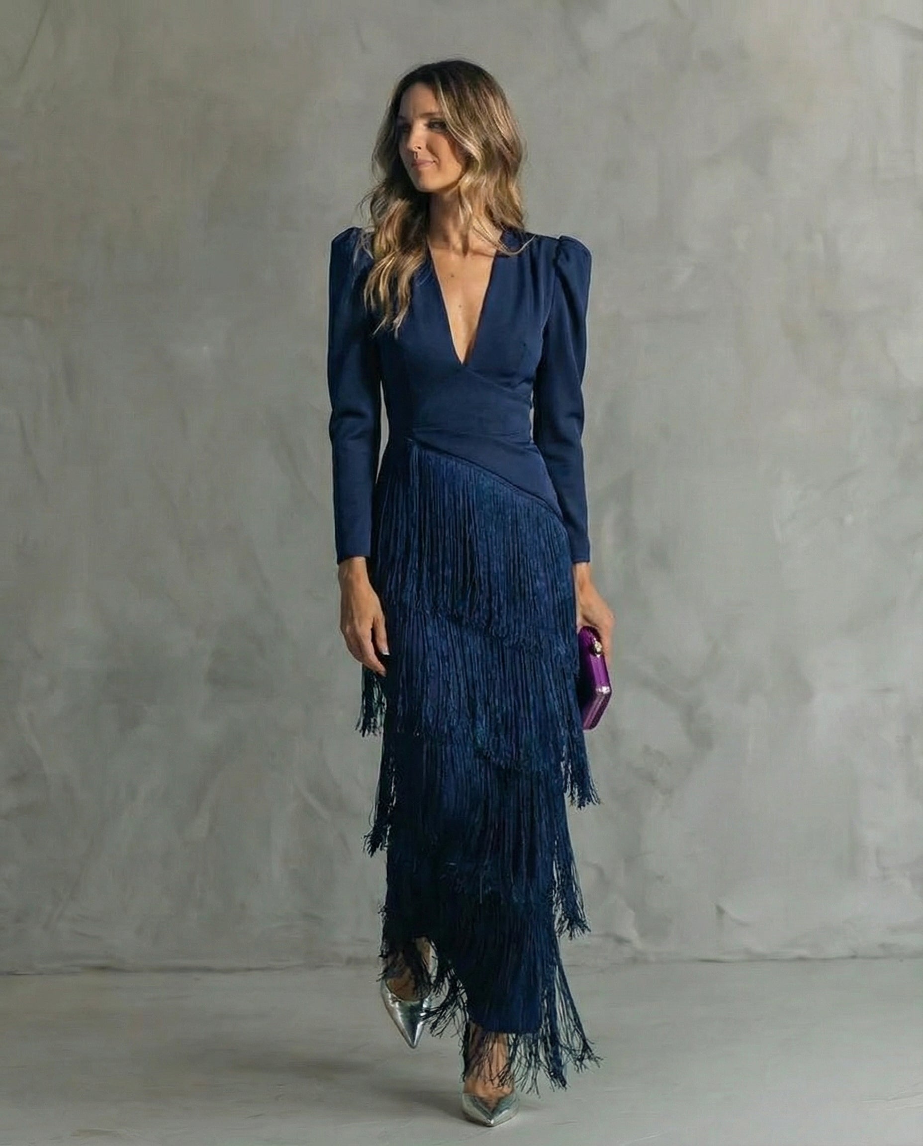 Women’s fringe sleeve maxi occasion dress with flowing silhouette, relaxed fit, and elegant drape, designed for parties, dinners, celebrations, and special events.