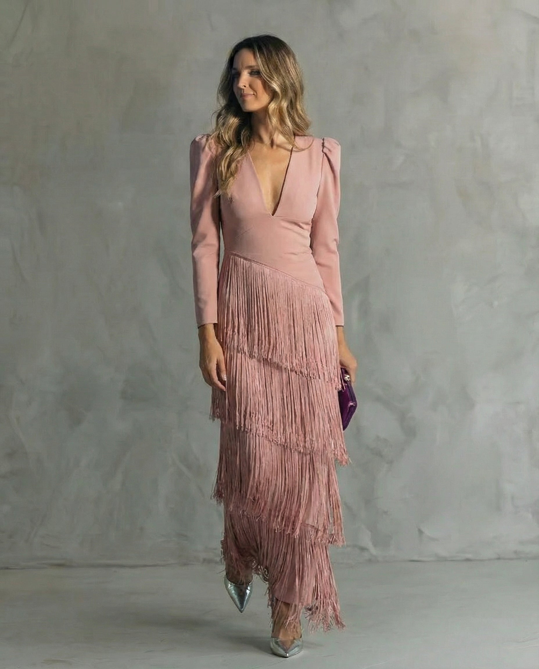 Women’s fringe sleeve maxi occasion dress with flowing silhouette, relaxed fit, and elegant drape, designed for parties, dinners, celebrations, and special events.