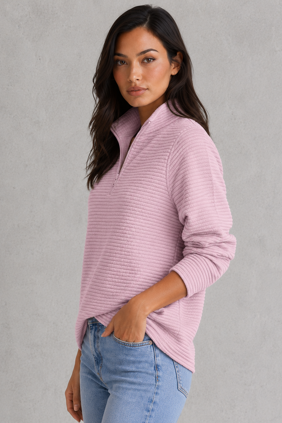Women’s half-zip pullover with V-neckline and relaxed smart-casual fit