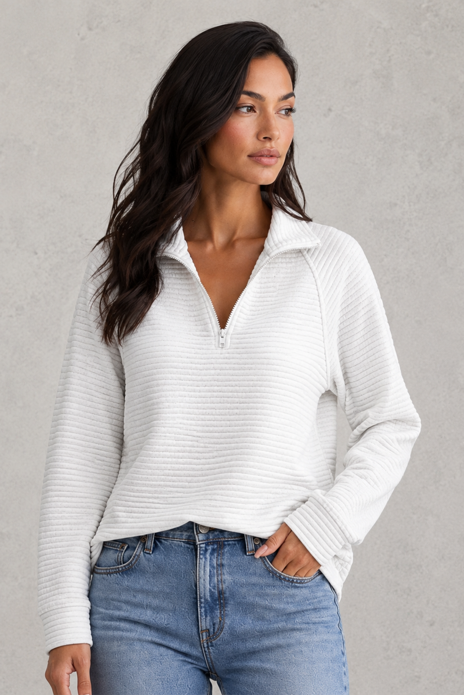 Women’s half-zip pullover with V-neckline and relaxed smart-casual fit