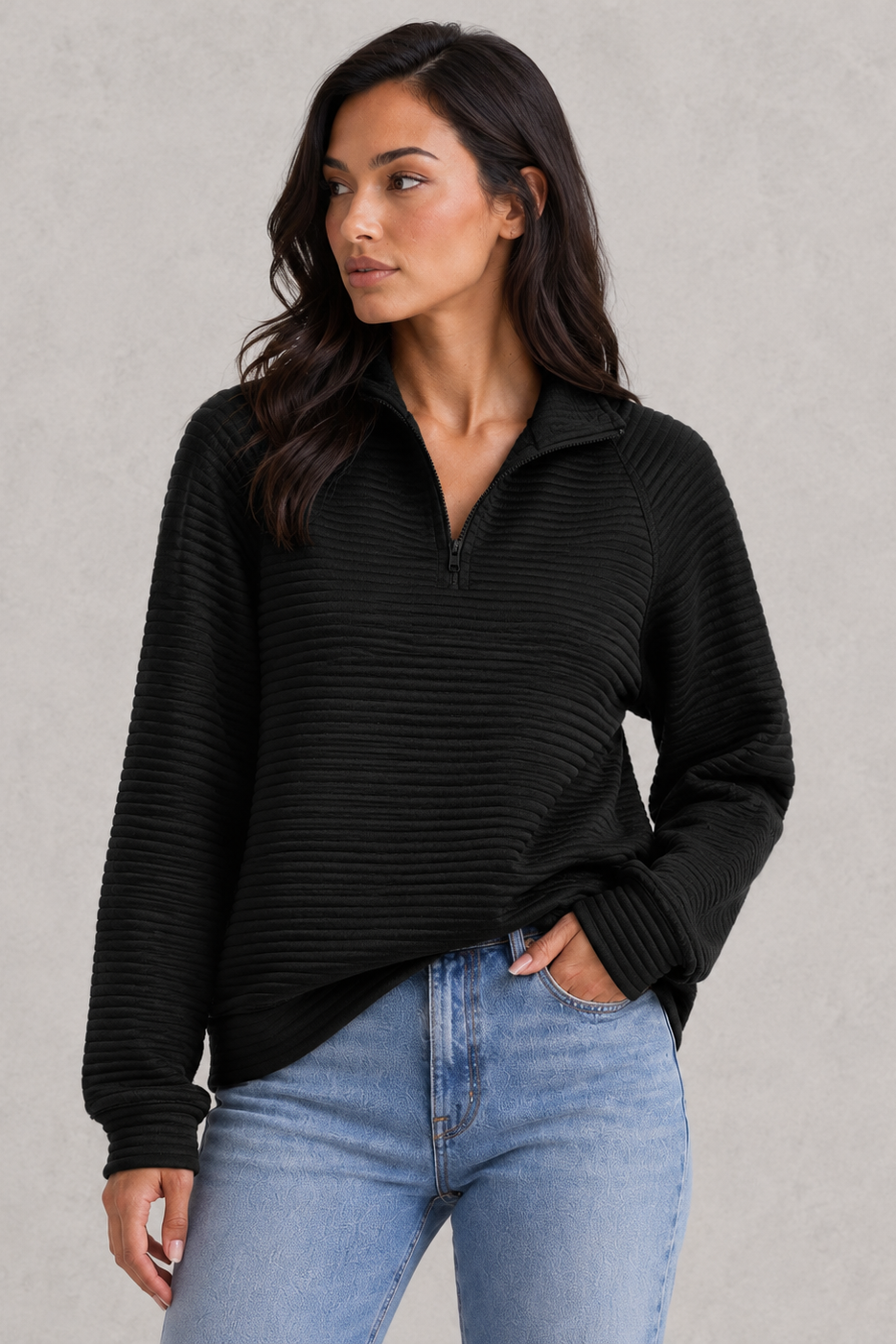 Women’s half-zip pullover with V-neckline and relaxed smart-casual fit