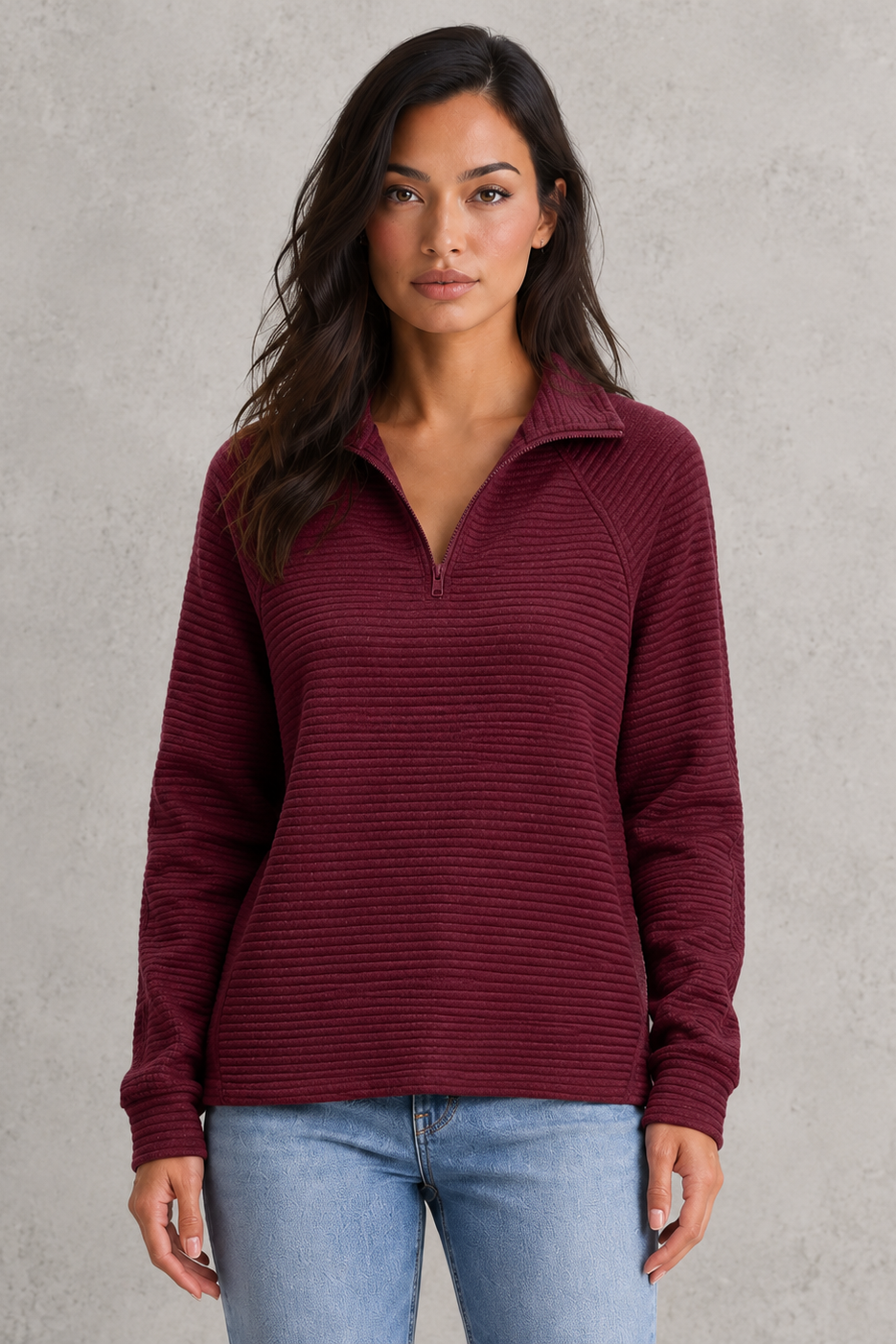 Women’s half-zip pullover with V-neckline and relaxed smart-casual fit