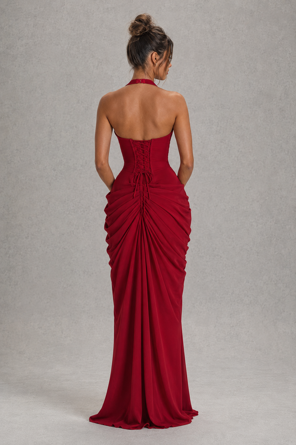 Women’s halter corset chiffon maxi dress with plunge neckline, structured bodice, pleated hip draping and thigh-high split.