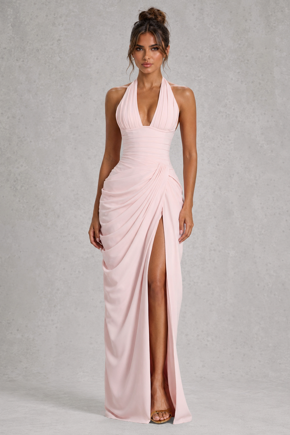 Women’s halter corset chiffon maxi dress with plunge neckline, structured bodice, pleated hip draping and thigh-high split.