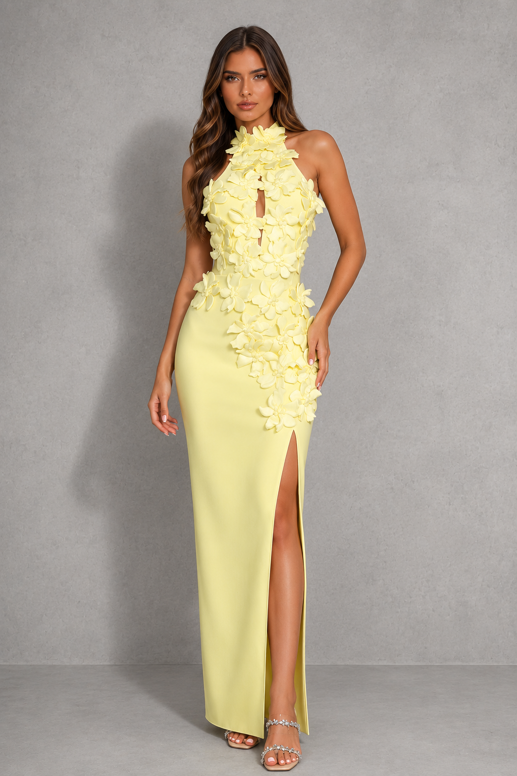 Women’s halter floral maxi dress with a fitted bodice, flowing A-line skirt, elegant floral print, and high side split.