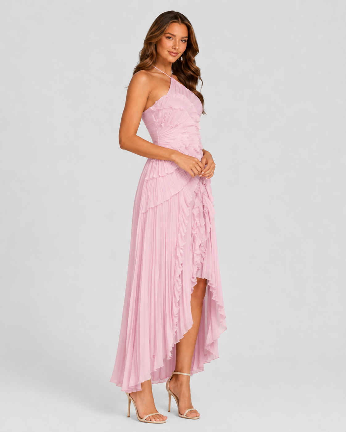 Women's halter neck maxi dress featuring layered cascading ruffles, a gathered pleated bodice, elegant open-back design, and flowing asymmetric hem for formal occasions and evening events.