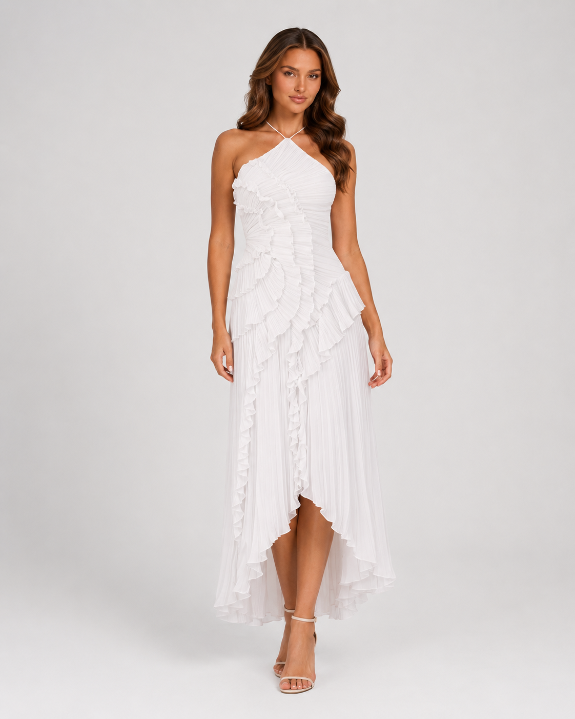 Women's halter neck maxi dress featuring layered cascading ruffles, a gathered pleated bodice, elegant open-back design, and flowing asymmetric hem for formal occasions and evening events.