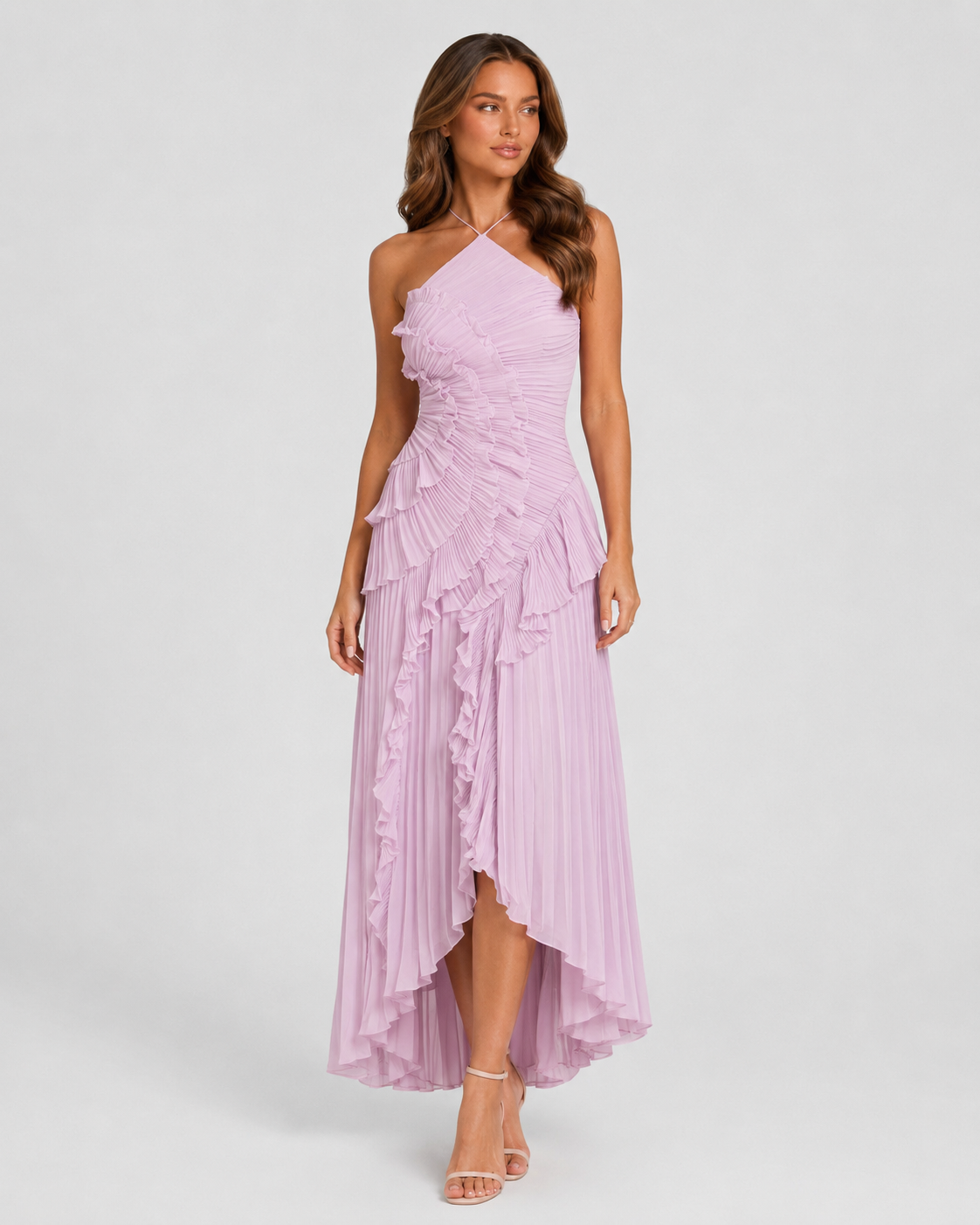 Women's halter neck maxi dress featuring layered cascading ruffles, a gathered pleated bodice, elegant open-back design, and flowing asymmetric hem for formal occasions and evening events.