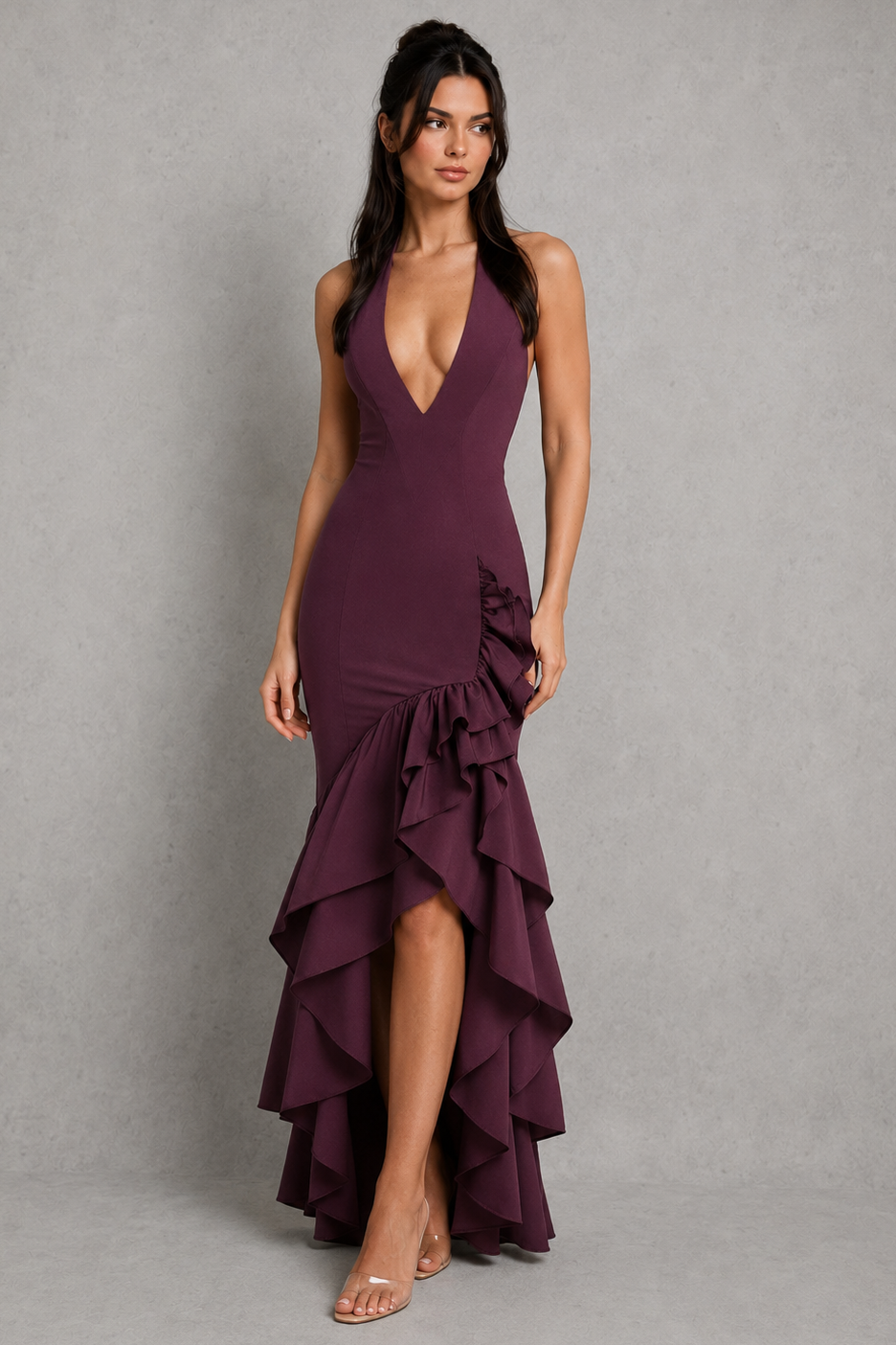 Women’s halter maxi dress featuring a plunging neckline, structured boned bodice, flowing ruffle skirt, and elegant thigh-high split, designed for evening events, formal occasions, and special celebrations.