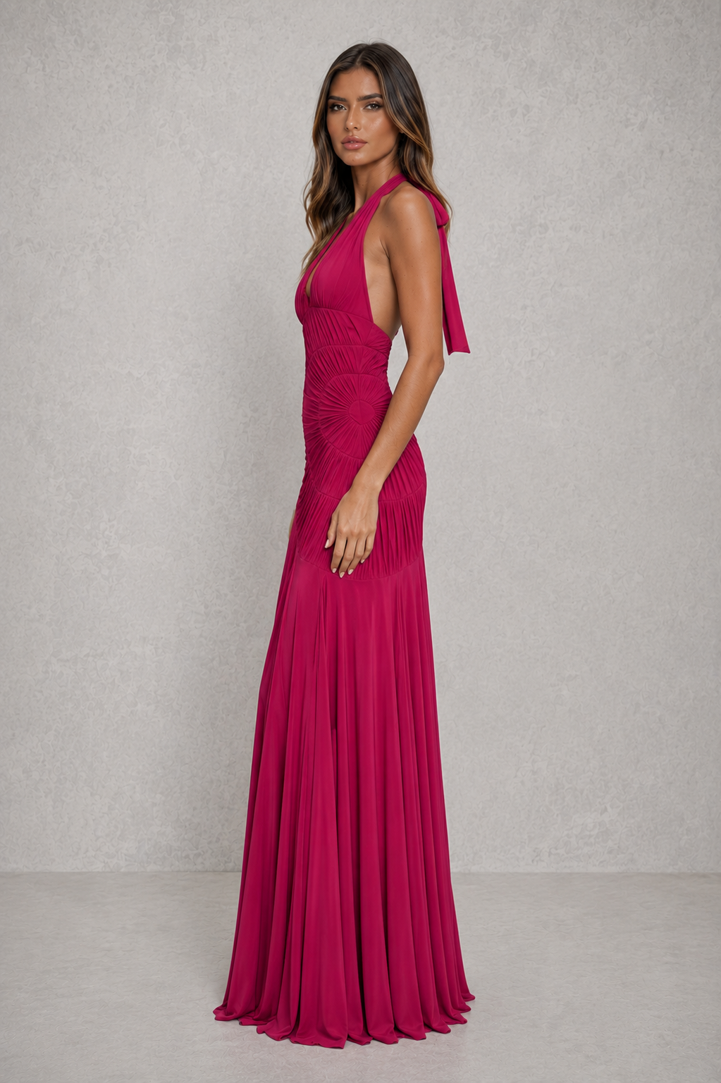 Women’s halter mesh maxi dress with plunge neckline, adjustable ties, gathered fitted bodice and flowing flared skirt with godet panels.