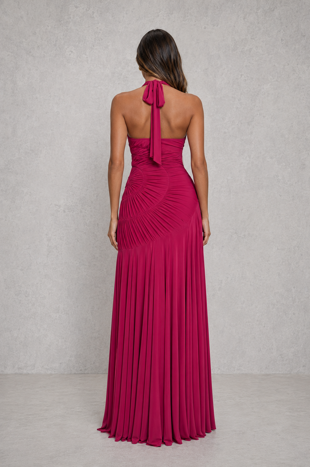 Women’s halter mesh maxi dress with plunge neckline, adjustable ties, gathered fitted bodice and flowing flared skirt with godet panels.
