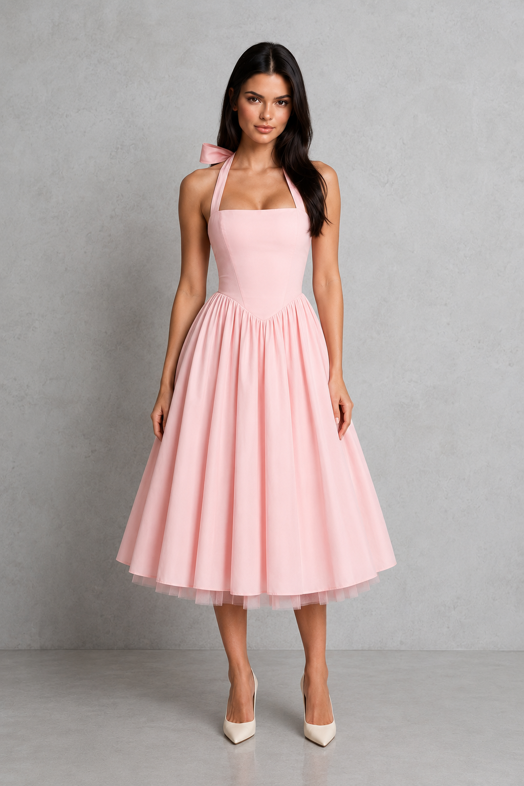 Women's halter midi dress with a square neckline, fitted princess seam bodice, adjustable lace-up back, and a full gathered midi skirt with soft volume, designed for weddings, formal events, and special occasions.