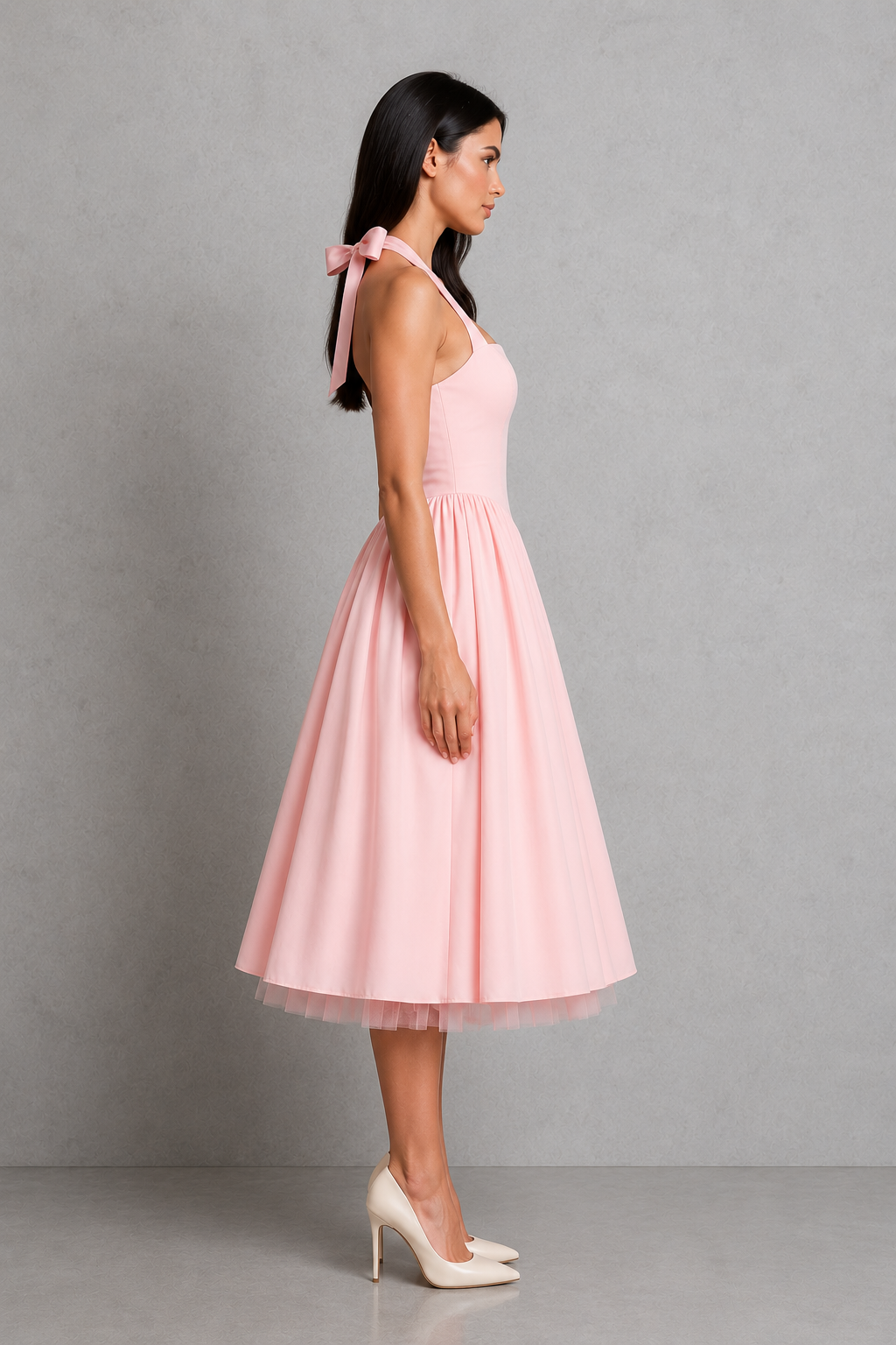 Women's halter midi dress with a square neckline, fitted princess seam bodice, adjustable lace-up back, and a full gathered midi skirt with soft volume, designed for weddings, formal events, and special occasions.