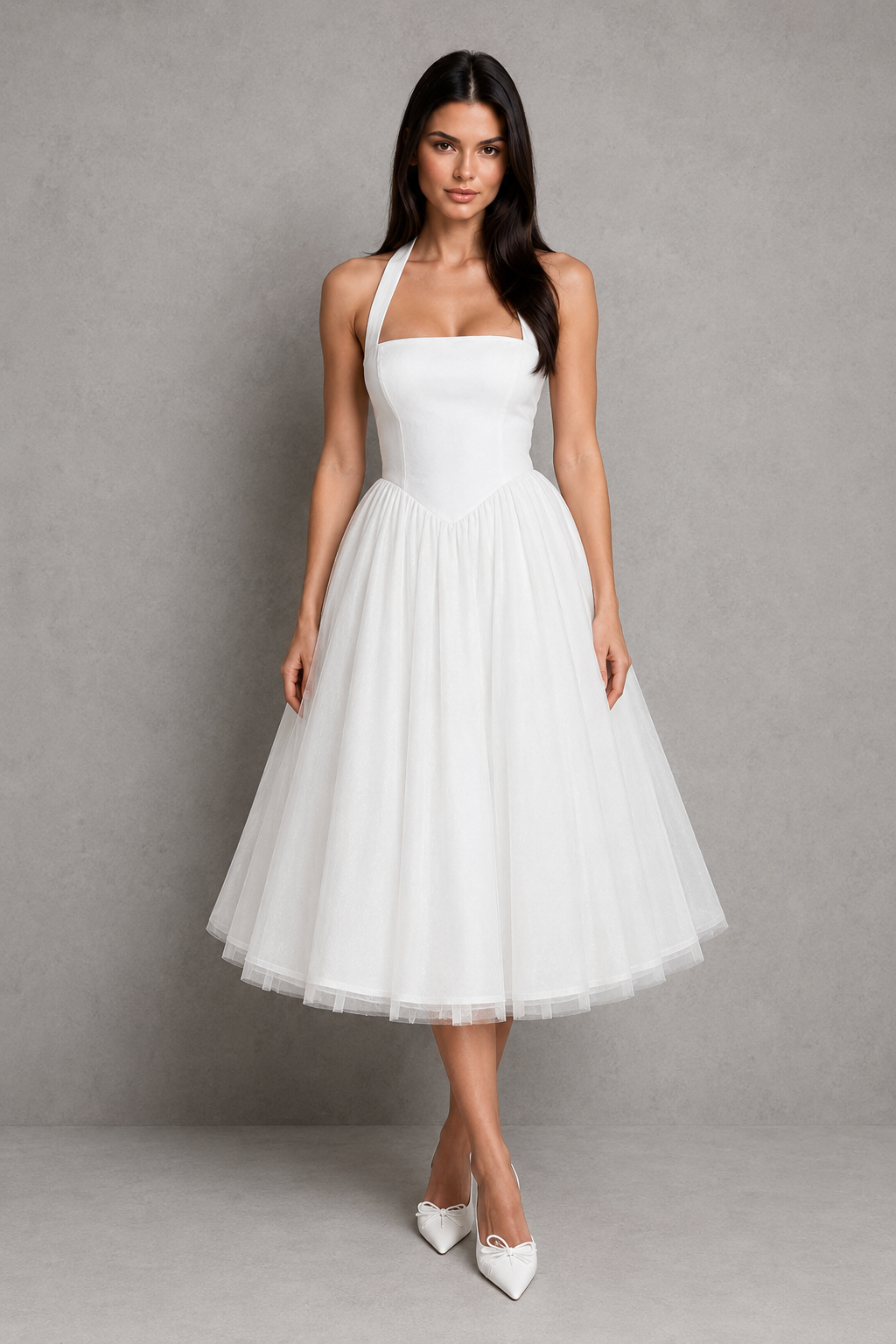 Women's halter midi dress with a square neckline, fitted princess seam bodice, adjustable lace-up back, and a full gathered midi skirt with soft volume, designed for weddings, formal events, and special occasions.