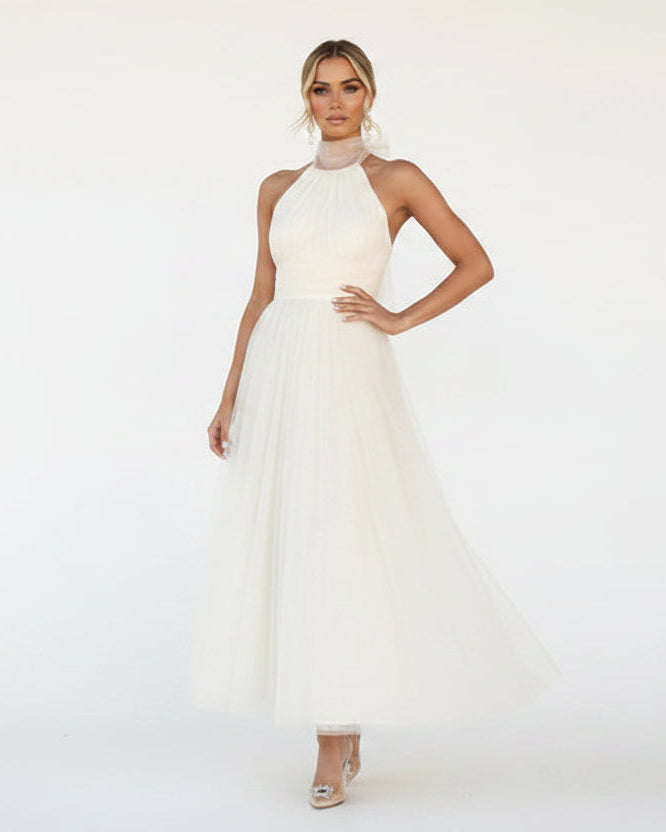 Women’s halter neck maxi dress with tulle skirt and covered back