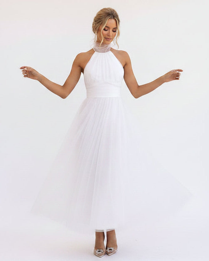Women’s halter neck maxi dress with tulle skirt and covered back