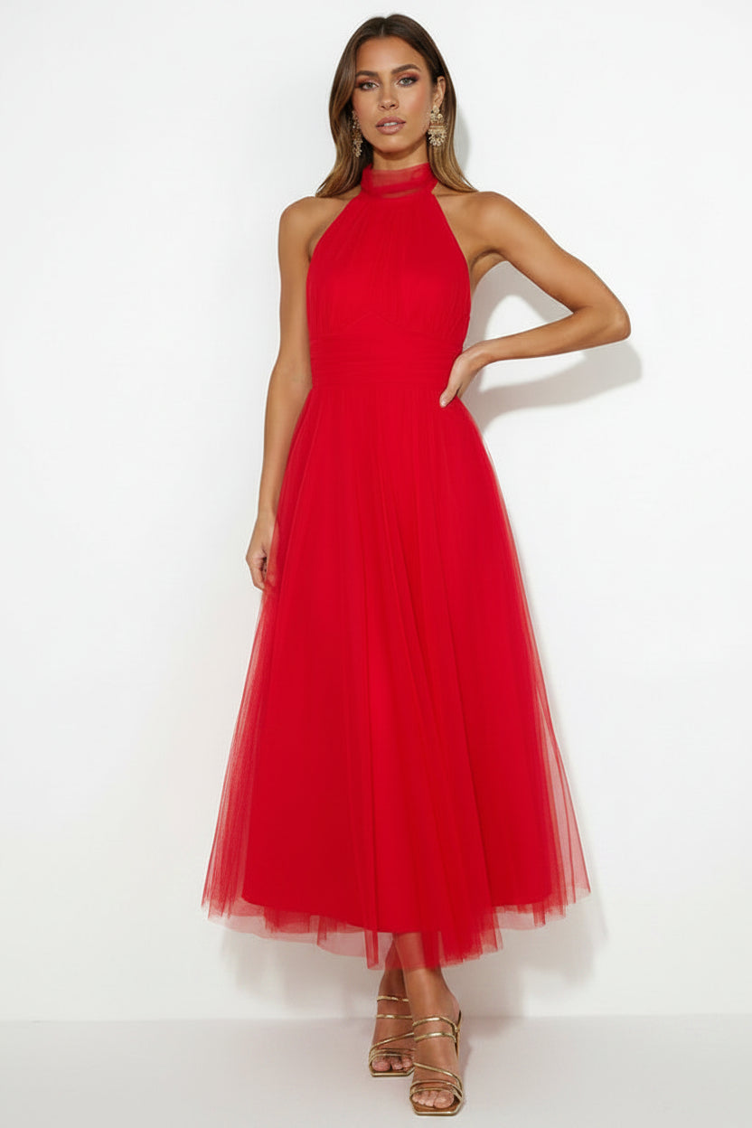 Women’s halter neck maxi dress with tulle skirt and covered back
