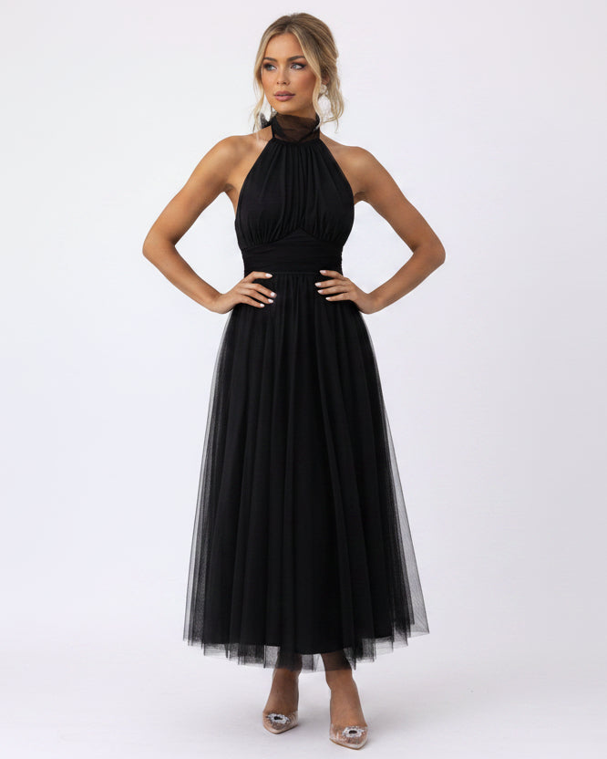 Women’s halter neck maxi dress with tulle skirt and covered back