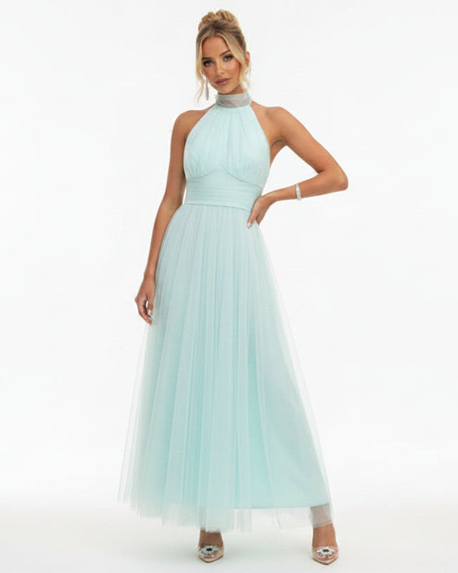 Women’s halter neck maxi dress with tulle skirt and covered back