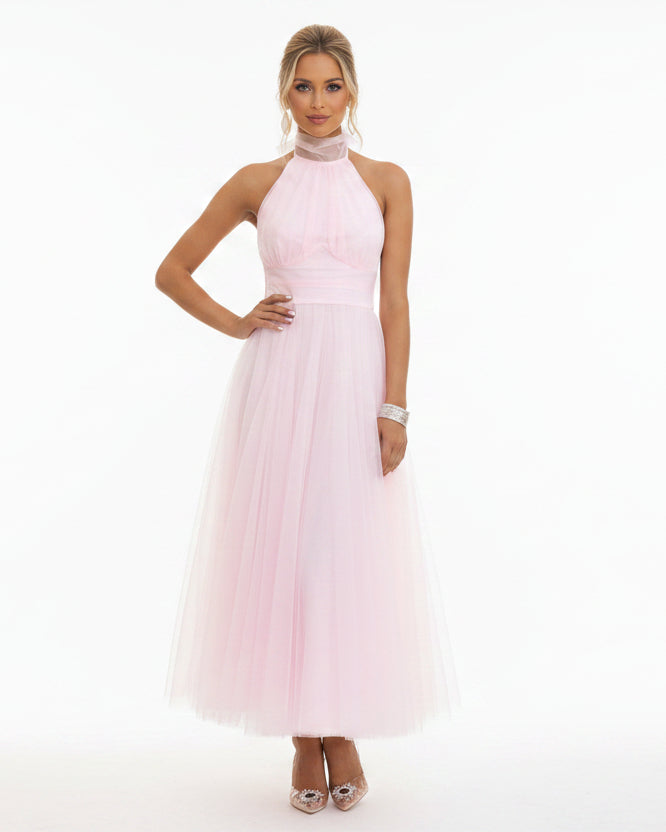 Women’s halter neck maxi dress with tulle skirt and covered back