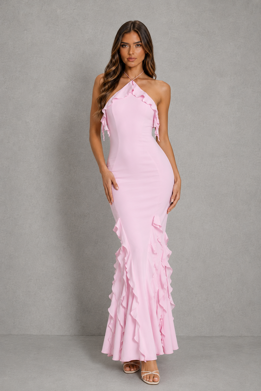 Women’s halterneck ruffle fishtail maxi dress with cascading ruffle detail, sculpting princess seams, and a figure-flattering bodycon silhouette.