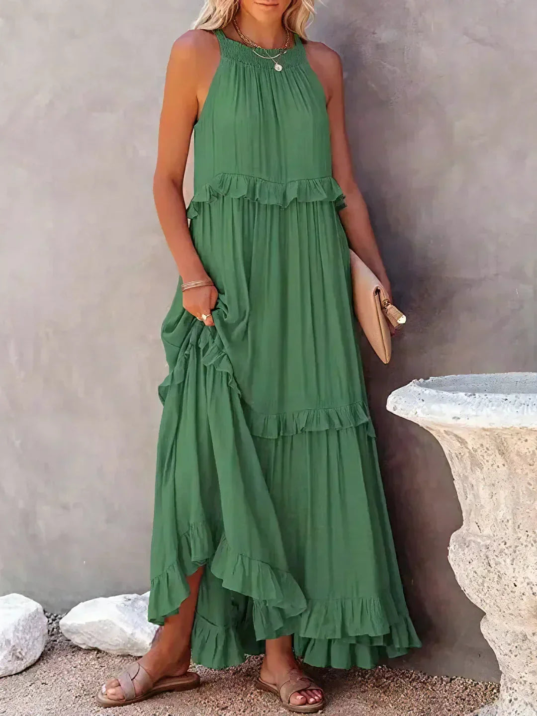 Women’s halterneck ruffle maxi dress with pockets and flowing silhouette