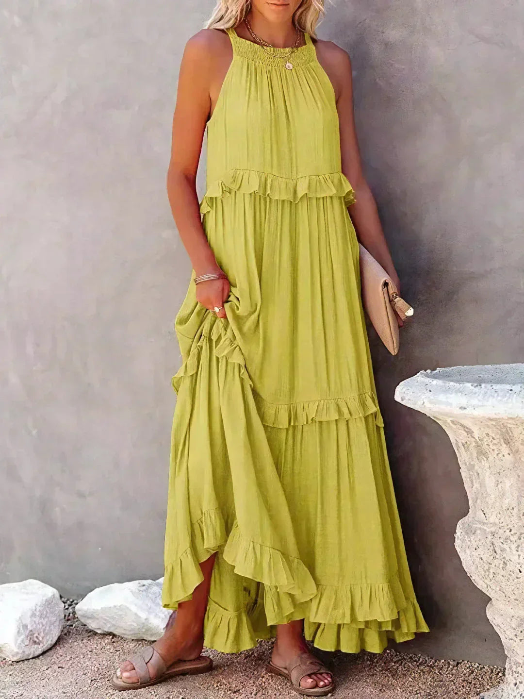 Women’s halterneck ruffle maxi dress with pockets and flowing silhouette