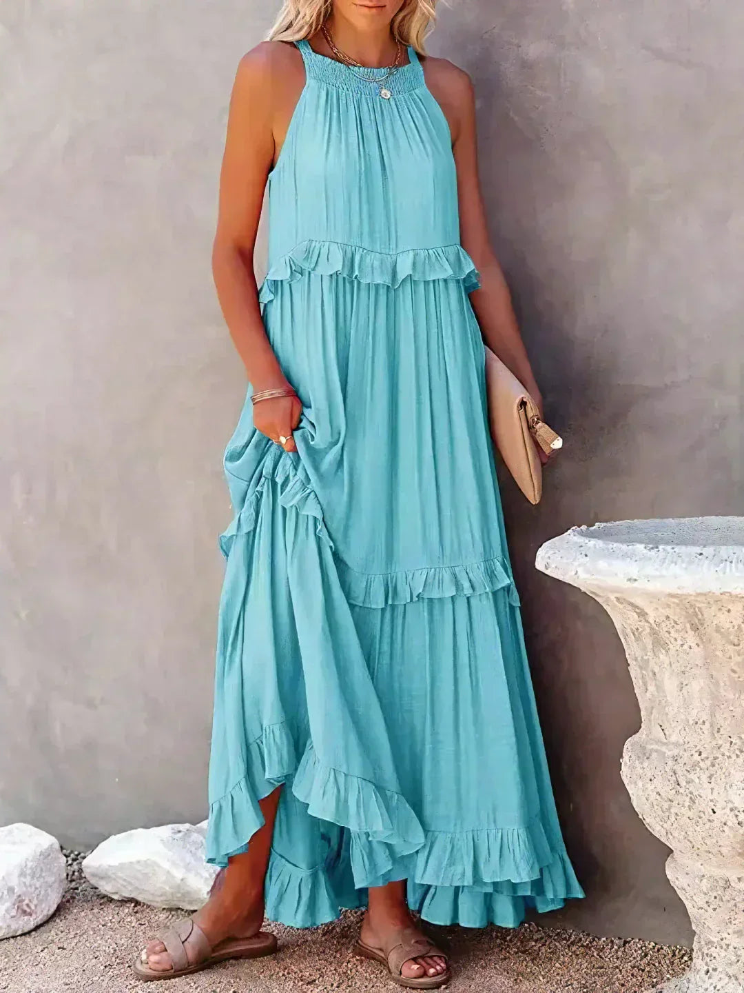Women’s halterneck ruffle maxi dress with pockets and flowing silhouette