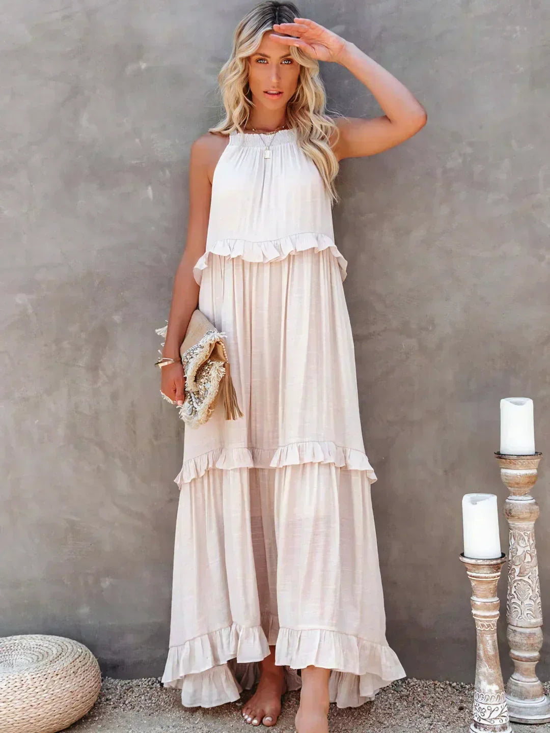Women’s halterneck ruffle maxi dress with pockets and flowing silhouette