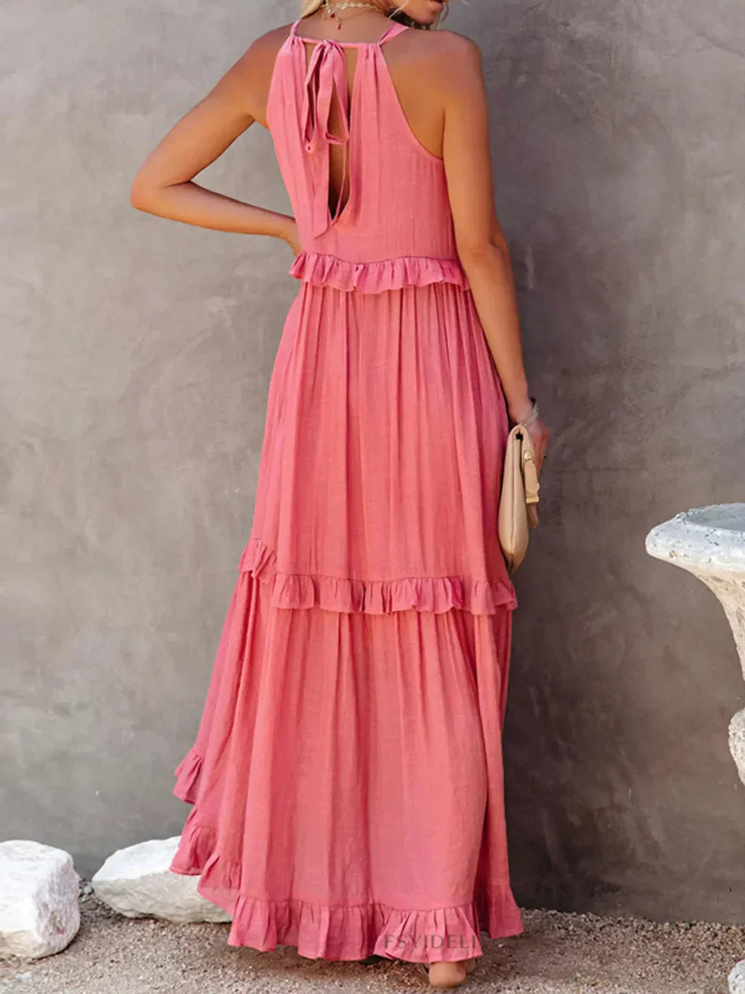 Women’s halterneck ruffle maxi dress with pockets and flowing silhouette