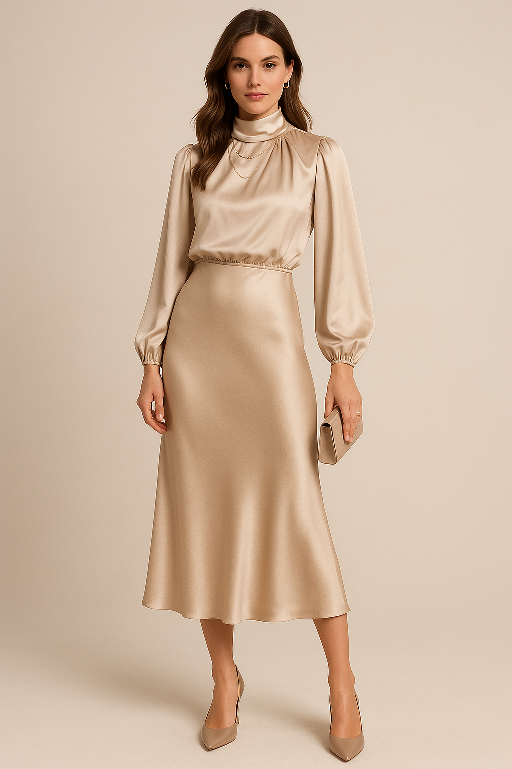 Women’s High Neck Long Sleeve Midi Dress for Evening and Formal Wear