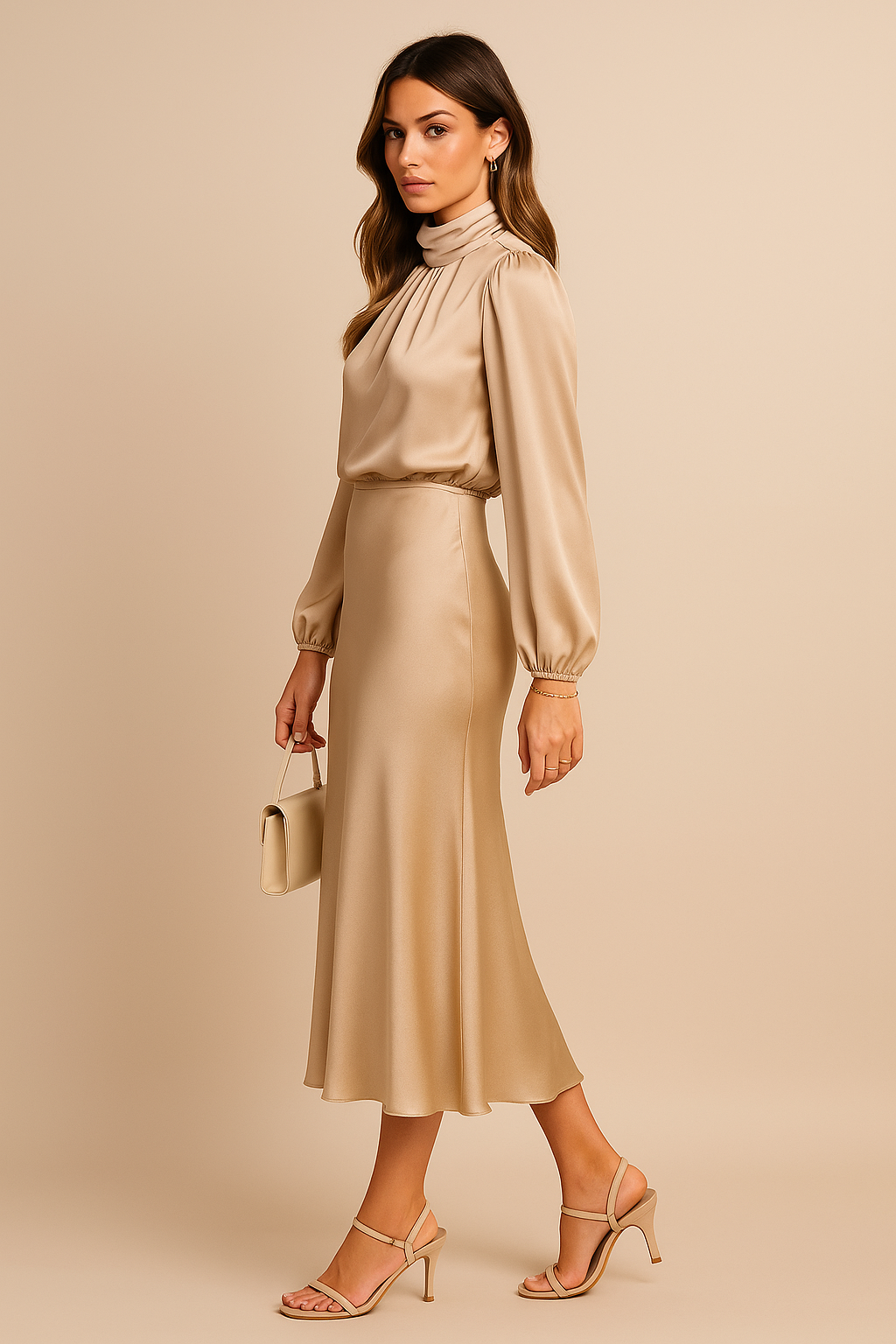 Women’s High Neck Long Sleeve Midi Dress for Evening and Formal Wear