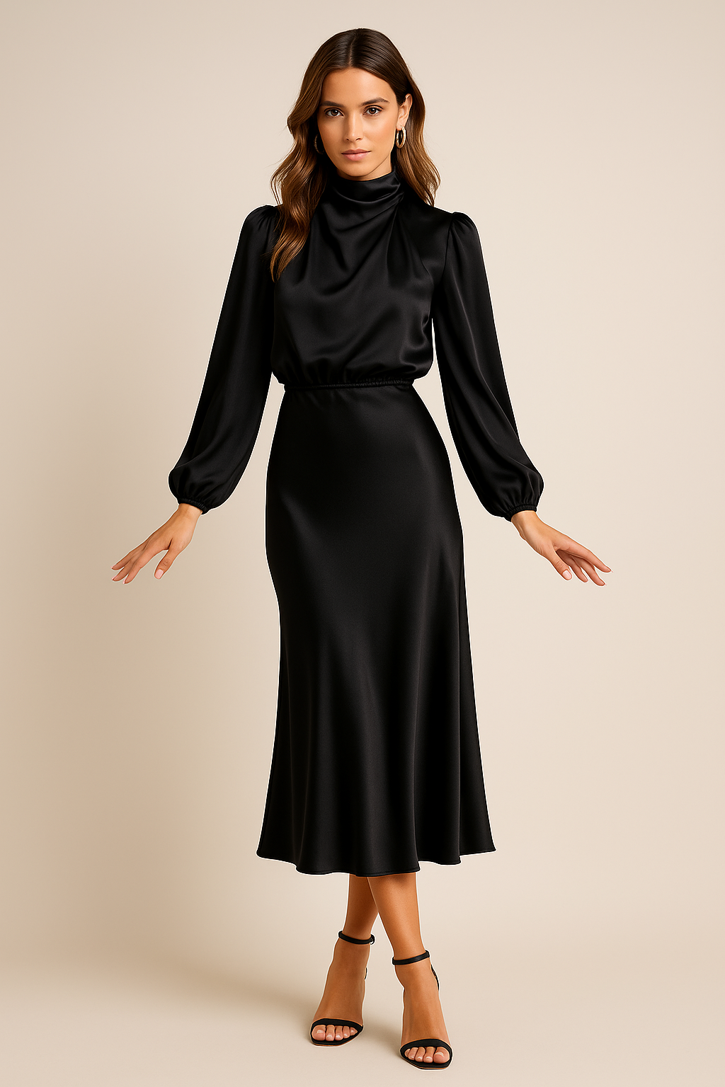 Women’s High Neck Long Sleeve Midi Dress for Evening and Formal Wear