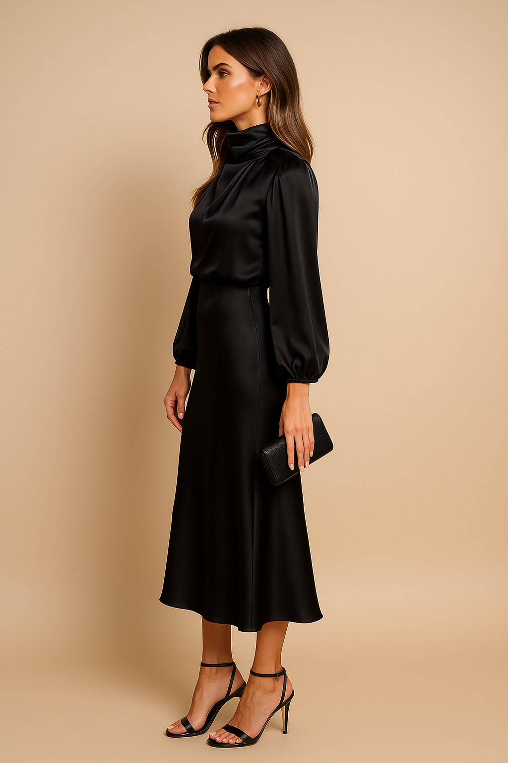 Women’s High Neck Long Sleeve Midi Dress for Evening and Formal Wear