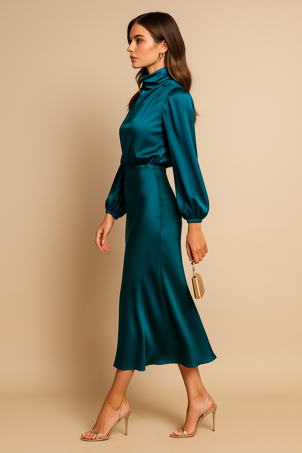 Women’s High Neck Long Sleeve Midi Dress for Evening and Formal Wear