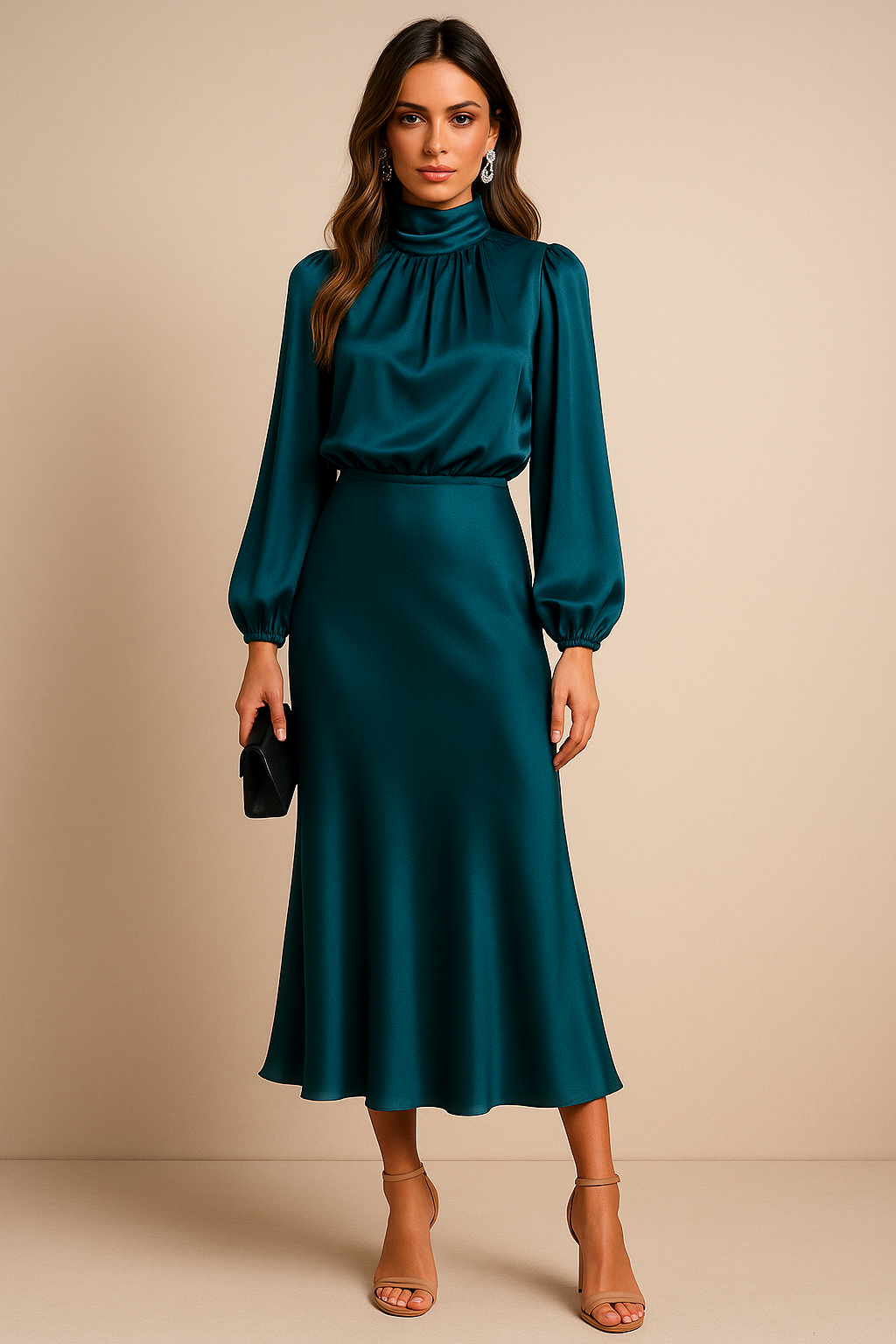 Women’s High Neck Long Sleeve Midi Dress for Evening and Formal Wear