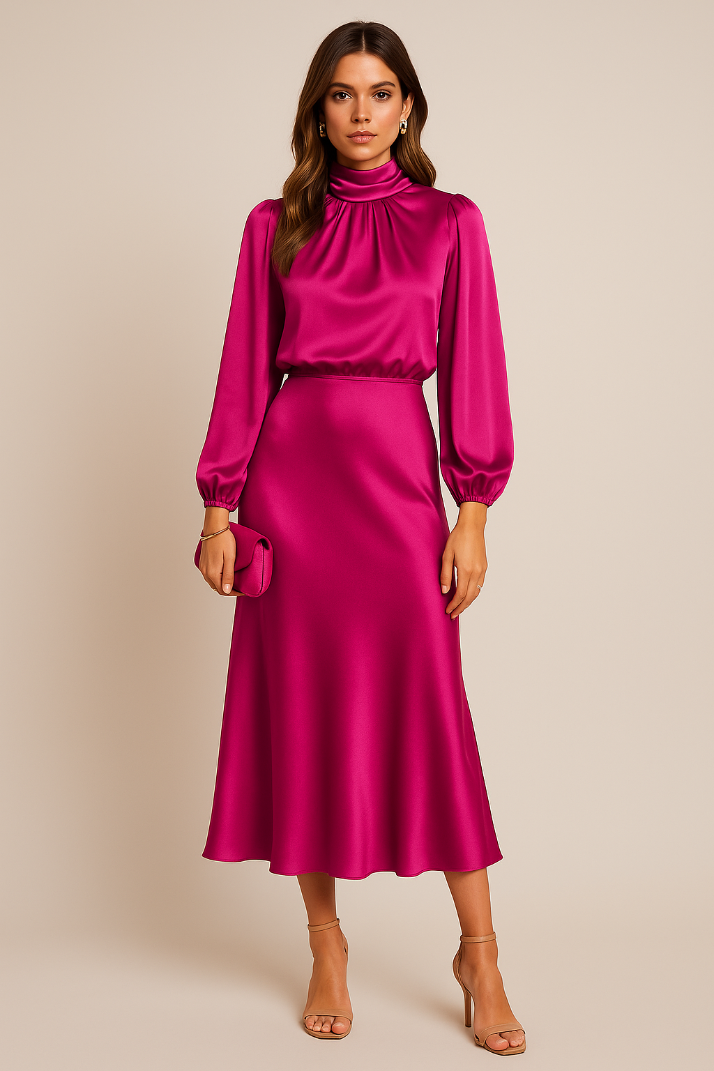 Women’s High Neck Long Sleeve Midi Dress for Evening and Formal Wear