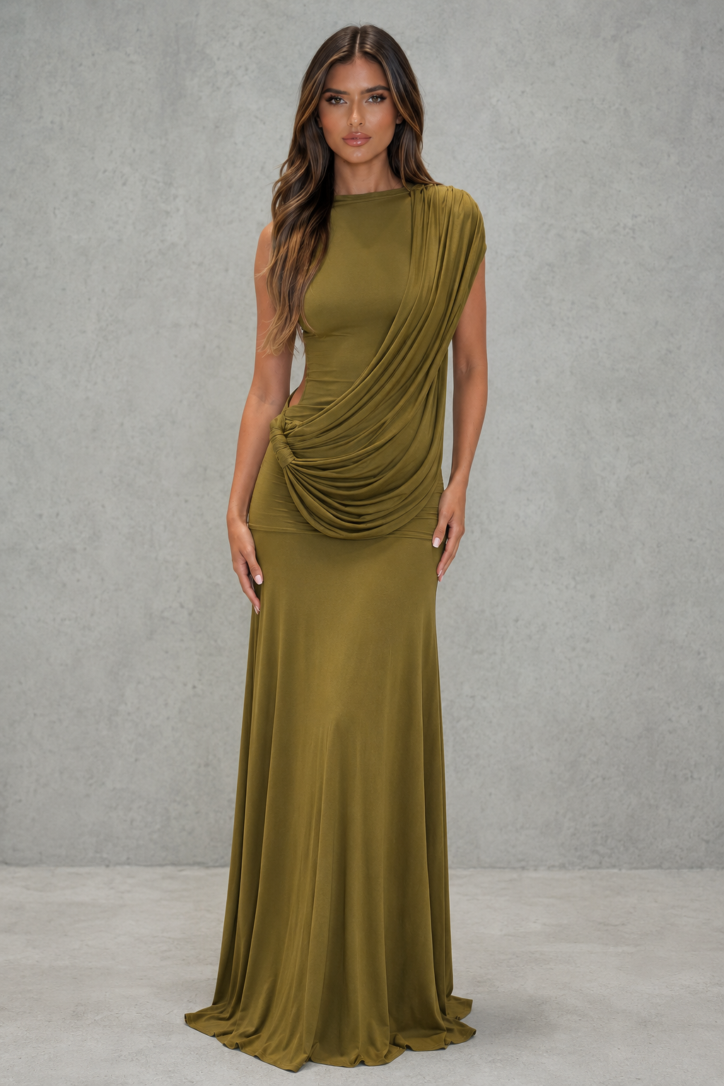 Women’s high neck mesh maxi dress with diagonal sash detail, ruched hips, asymmetric open back and flowing flared skirt.
