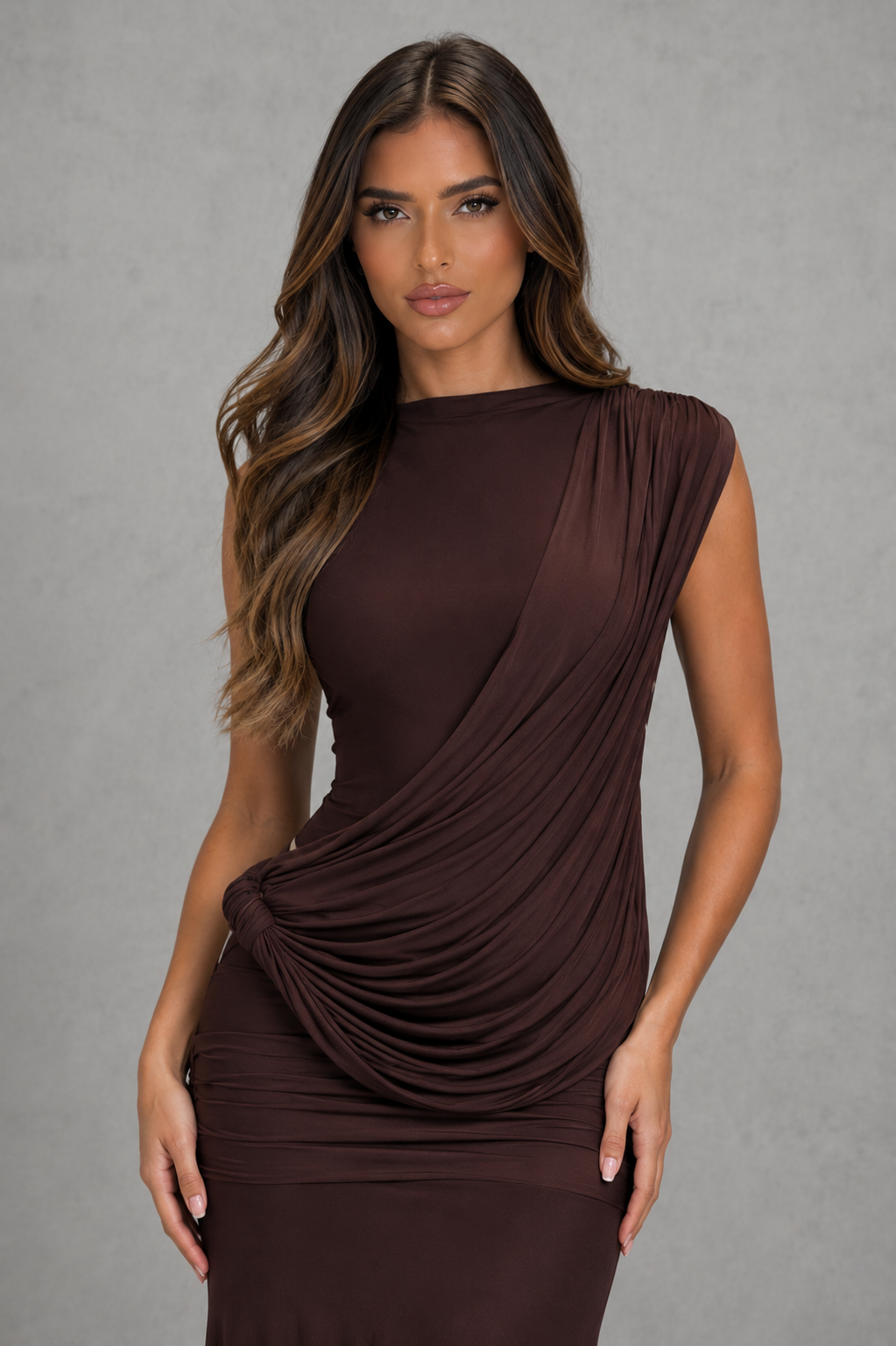 Women’s high neck mesh maxi dress with diagonal sash detail, ruched hips, asymmetric open back and flowing flared skirt.