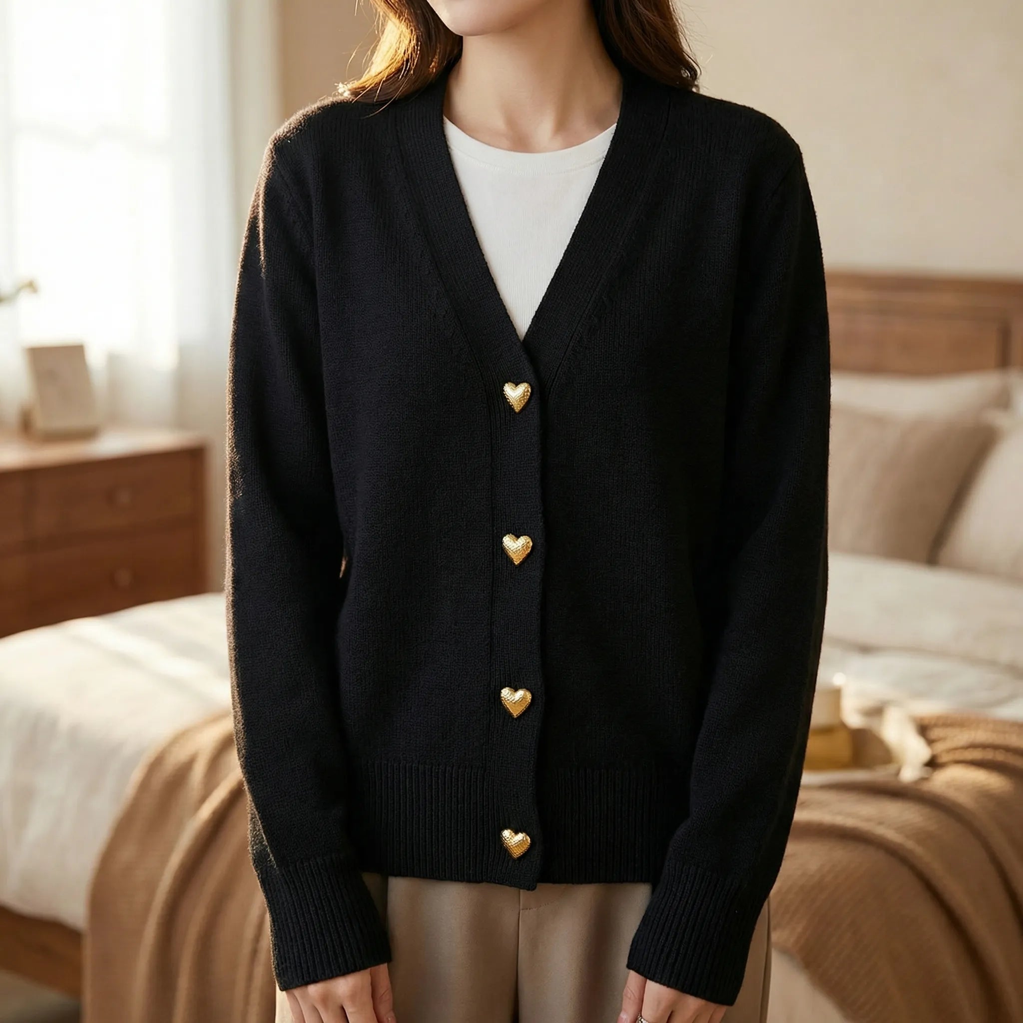 Women’s hip-length knit cardigan with V-neck and button-front closure