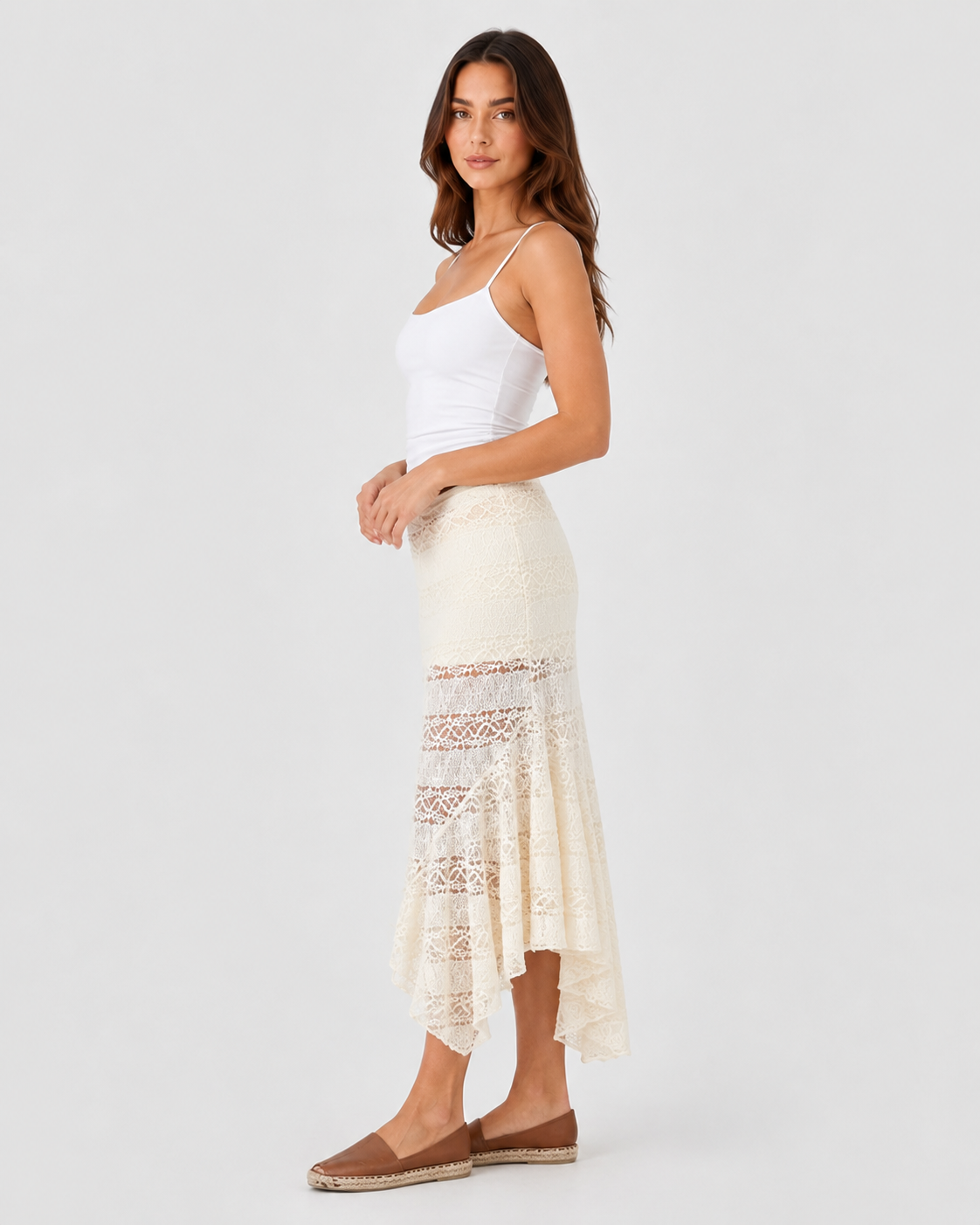 Women’s lace asymmetrical midi skirt with a flowing silhouette, delicate lace overlay, soft lining, and elastic waistband for comfortable everyday wear.
