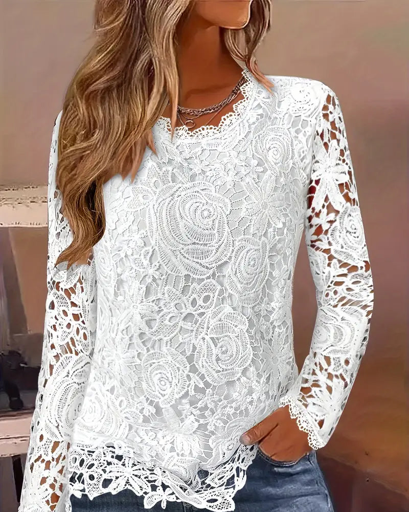 Women’s long sleeve round neck top with lace detail
