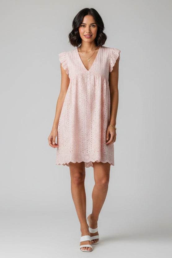 Women’s lace and eyelet V-neck midi dress with fitted silhouette and lightweight fabric