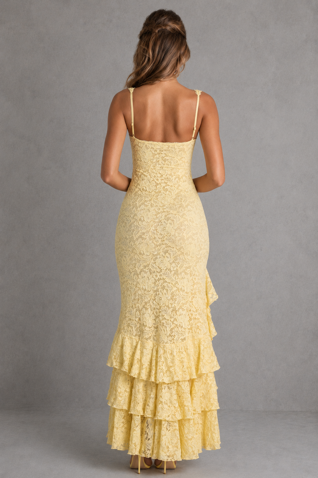 Women's elegant lace maxi evening dress featuring a straight neckline, adjustable straps, fitted bodice, semi-sheer stretch lace overlay, soft mesh lining, dramatic high thigh split, layered ruffle hem, and flowing maxi-length silhouette for formal occasions.