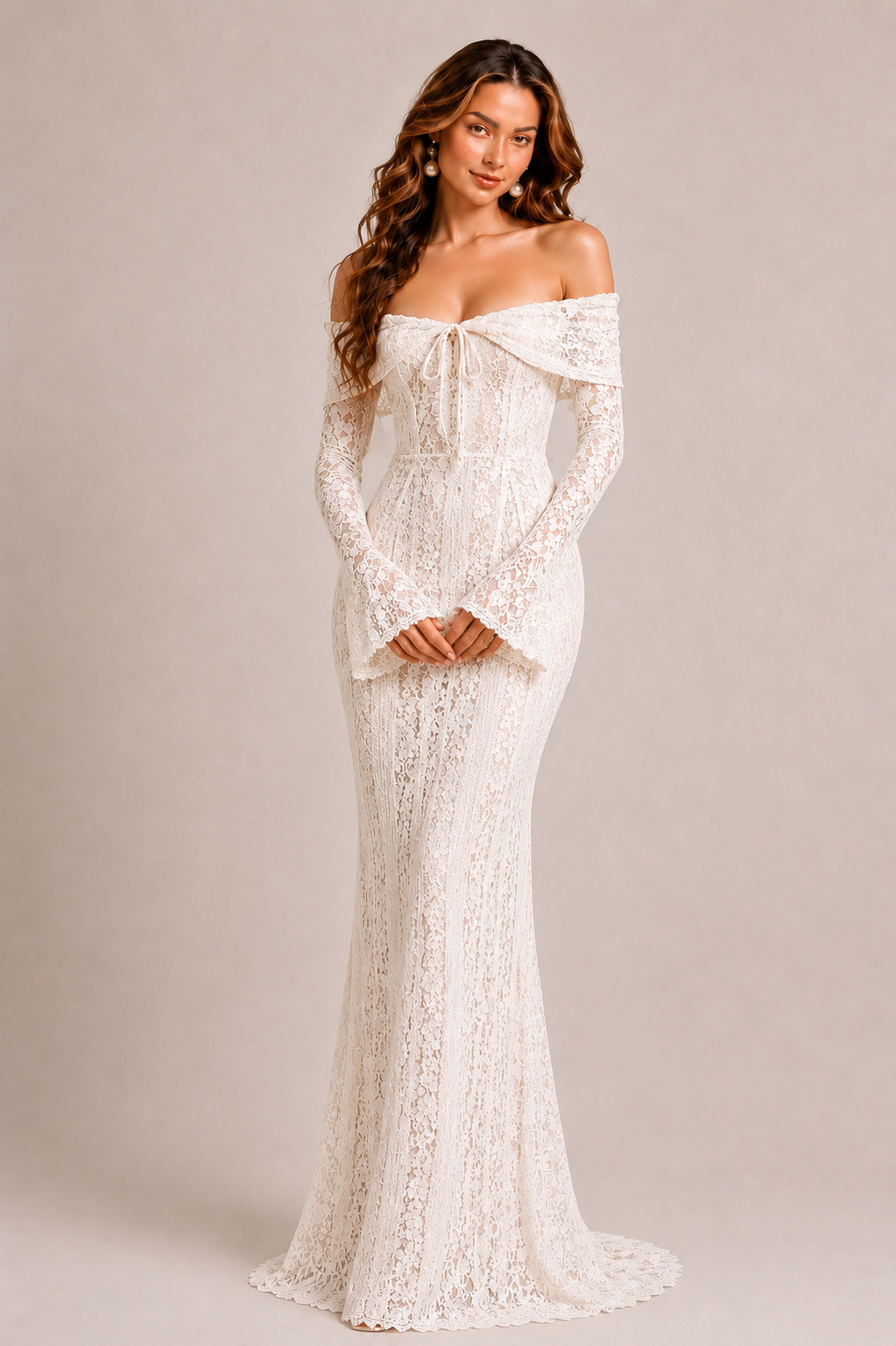 Women's floral lace maxi dress with an off-shoulder neckline, structured fitted bodice, flowing full-length silhouette, and delicate fluted cuffs, ideal for elegant evening wear and formal occasions.