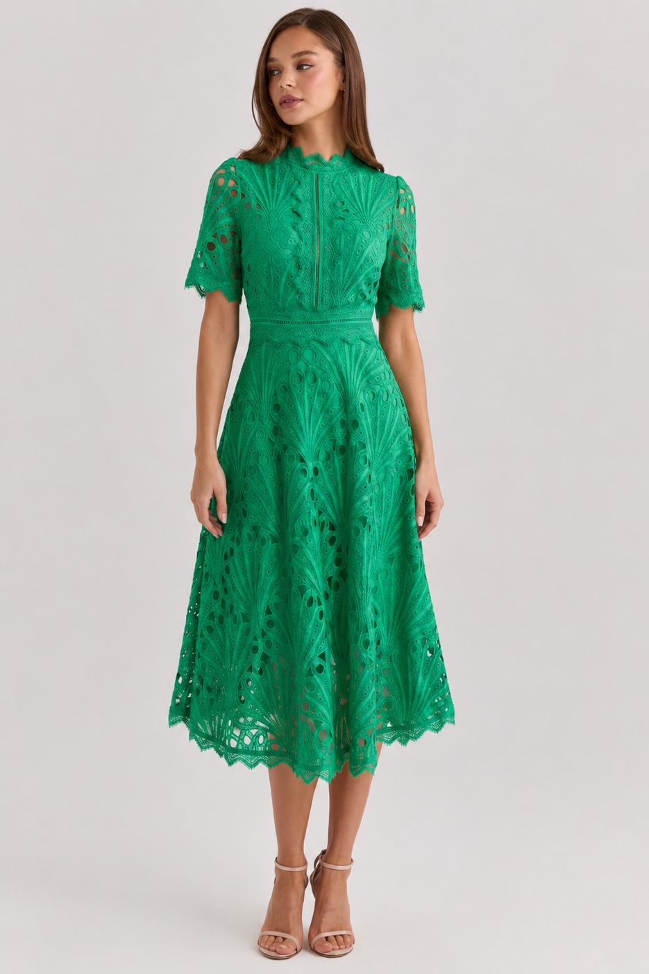 Women’s lace midi dress featuring a scoop neckline, lightweight lace fabric, and a relaxed midi-length silhouette, suitable for formal occasions, dinners, and casual wear.