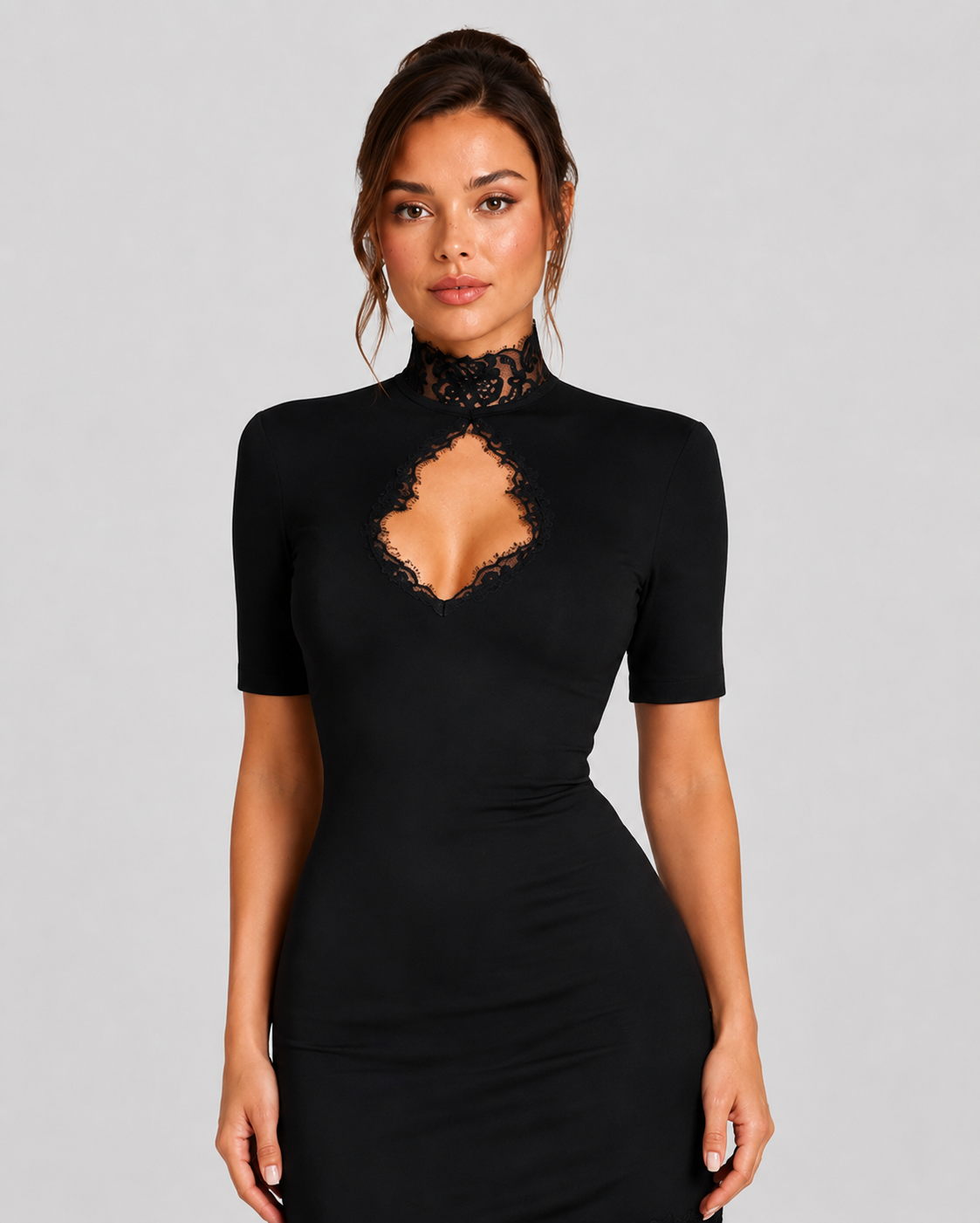 Women’s Lace Mini Dress with High Neck and Sheer Detail for Evening Wear