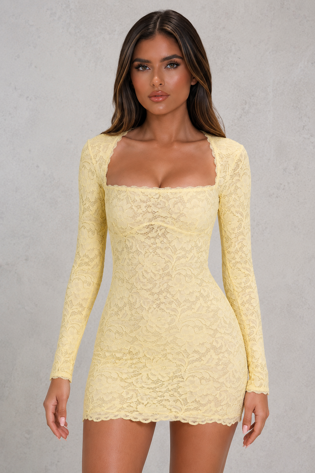Women's white lace mini dress with long sleeves, square neckline, fitted silhouette, scalloped trim, and soft mesh lining, ideal for parties, evening events, and special occasions.