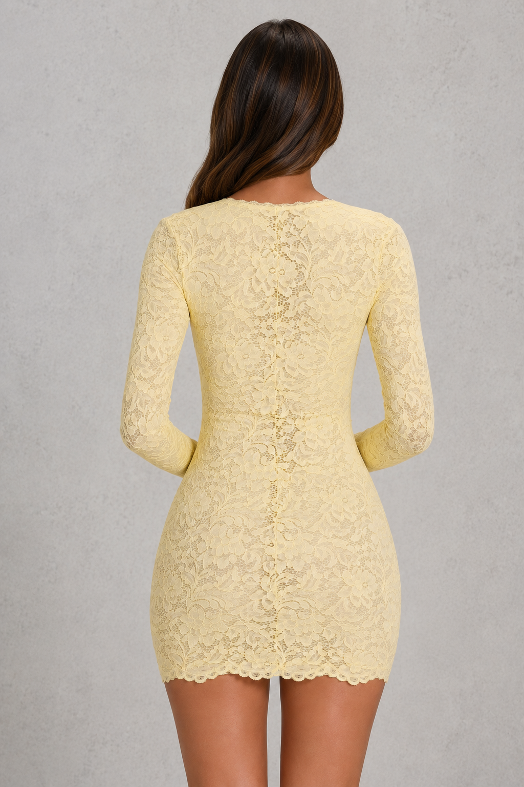 Women's white lace mini dress with long sleeves, square neckline, fitted silhouette, scalloped trim, and soft mesh lining, ideal for parties, evening events, and special occasions.