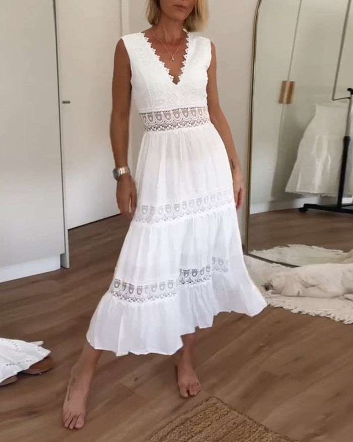Women's sleeveless lace midi dress with V-neck and A-line silhouette